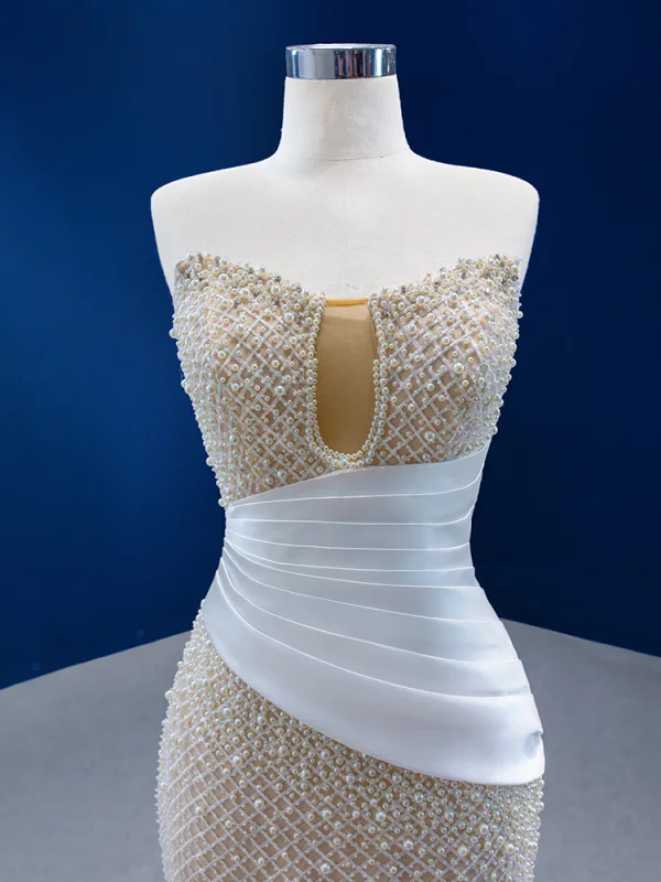 Luxury / Gorgeous Champagne Handmade  Pearl Lace Rhinestone Wedding Dresses 2022 Trumpet / Mermaid Strapless Sleeveless Backless Court Train Wedding