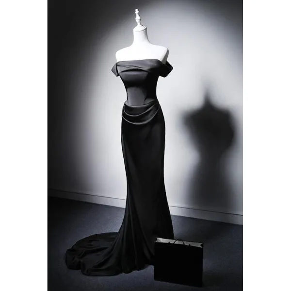 Sexy Black Trumpet / Mermaid Evening Dresses 2025 Strapless Sleeveless Backless Sweep Train Evening Party Formal Dresses