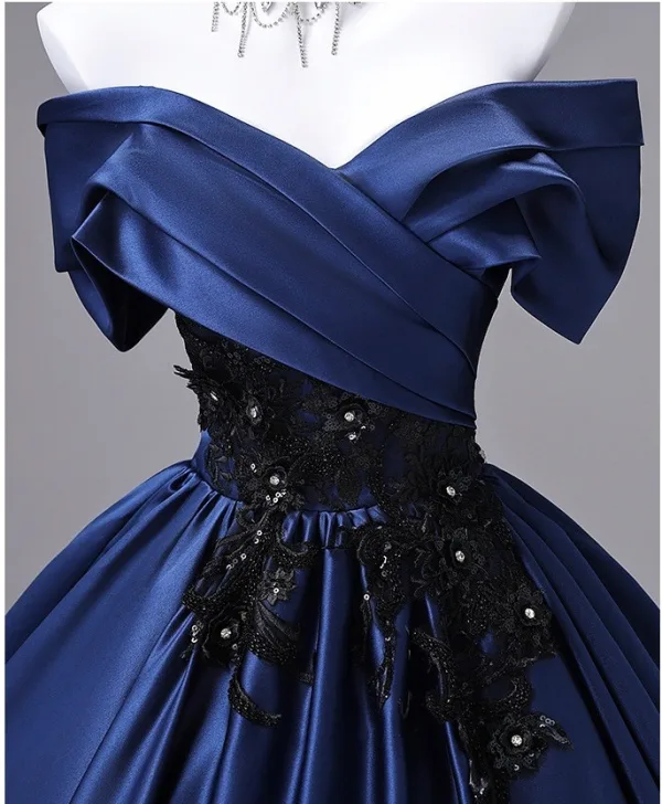 Vintage / Retro Navy Blue Beading Sequins Lace Flower Prom Dresses 2026 Ball Gown Off-The-Shoulder Short Sleeve Backless Floor-Length / Long Formal Dresses