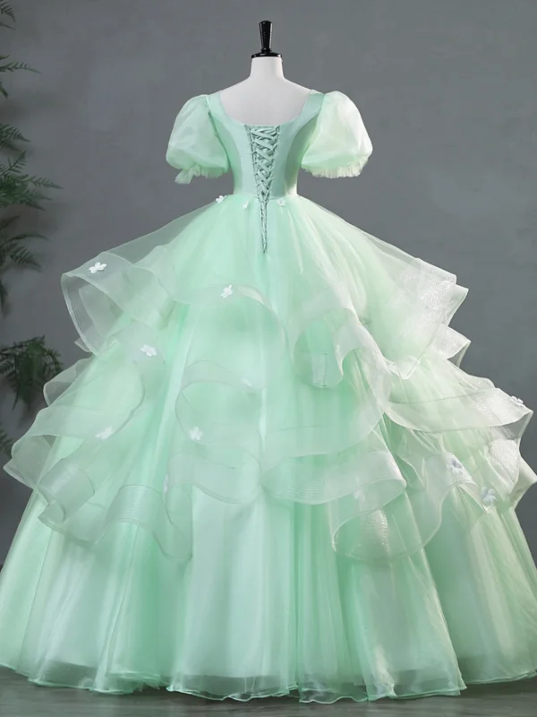 Elegant Sage Green Lace Flower Cascading Ruffles Prom Dresses 2024 Ball Gown Square Neckline Puffy Short Sleeve Backless Floor-Length / Long Prom Formal Dresses
