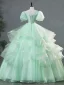 Elegant Sage Green Lace Flower Cascading Ruffles Prom Dresses 2024 Ball Gown Square Neckline Puffy Short Sleeve Backless Floor-Length / Long Prom Formal Dresses