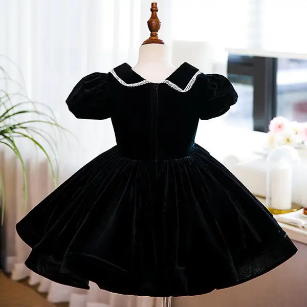 Chic / Beautiful Black Suede Birthday Flower Girl Dresses 2022 Ball Gown Scoop Neck Puffy Short Sleeve Pearl Floor-Length / Long Flower Girl Dresses