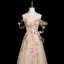 Charming Champagne Appliques Sequins Lace Flower Prom Dresses 2025 A-Line / Princess Strapless Sleeveless Backless Floor-Length / Long Prom Formal Dresses