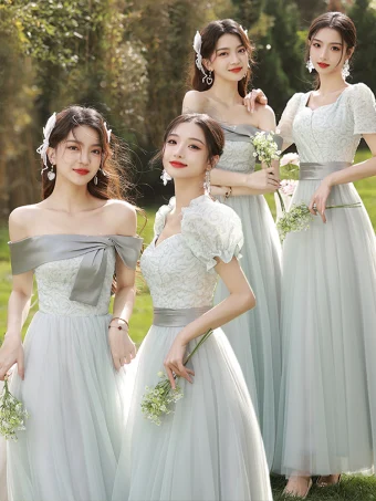 Modest Simple Grey Bridesmaid Dresses 2024 A Line Princess Short Sleeve Backless Floor Length Long