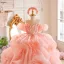 Chic / Belle Rougissant Rose Volants en Cascade Perle Appliques Anniversaire Robe Ceremonie Fille 2025 Robe Boule Encolure Dégagée Manches Courtes Dos Nu Tribunal Train Tulle