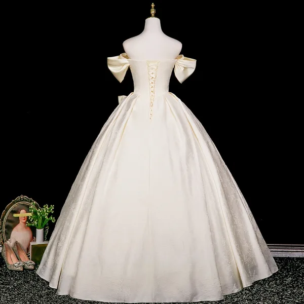 Elegant Champagne Appliques Prom Dresses 2025 Ball Gown Off-The-Shoulder Short Sleeve Backless Floor-Length / Long Prom Formal Dresses