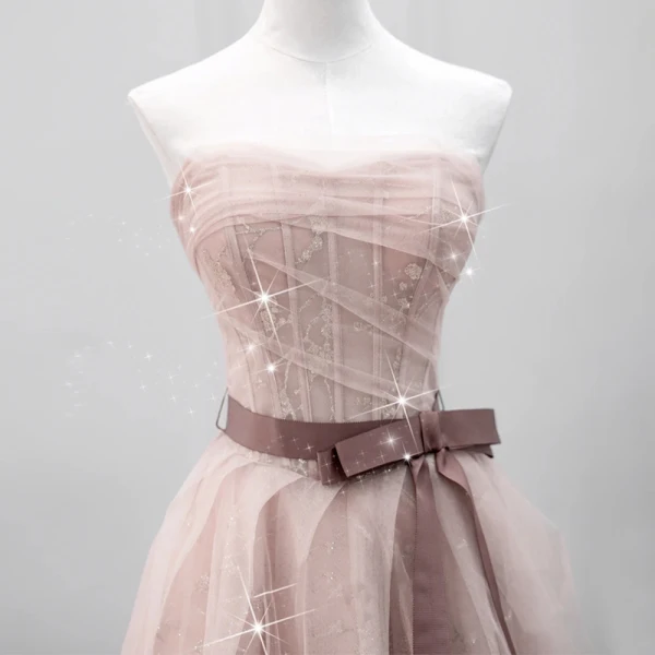 Schöne Rosa Pailletten Ballkleider 2023 A Linie Bandeau Ärmellos Rückenfreies Schleife Stoffgürtel Lange Festliche Kleider
