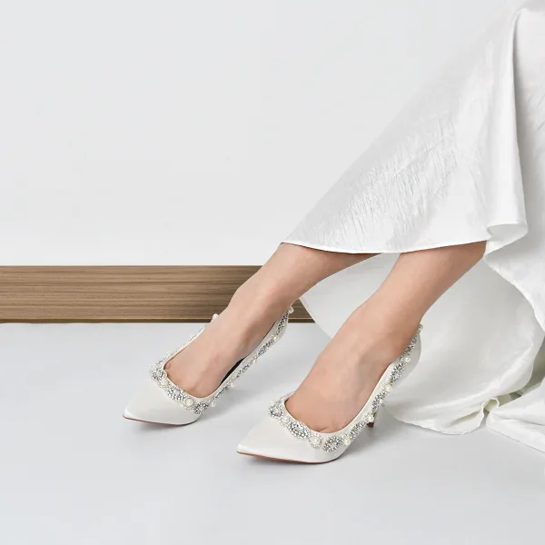 Elegante Weiß Perle Strass Brautschuhe 2022 Satin 10 cm Stilettos Spitzschuh Hochzeit Pumps Hochhackige