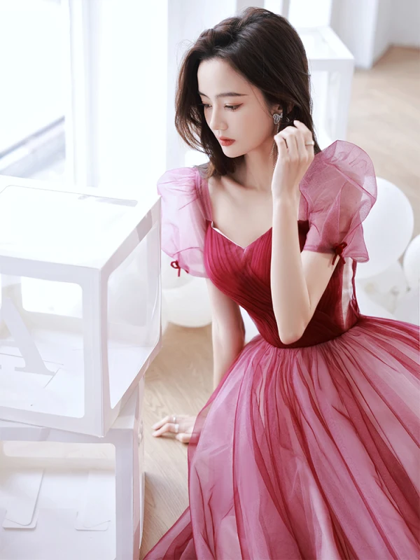 Chic / Beautiful Burgundy Prom Dresses 2022 A-Line / Princess Square Neckline Puffy Short Sleeve Backless Floor-Length / Long Formal Dresses