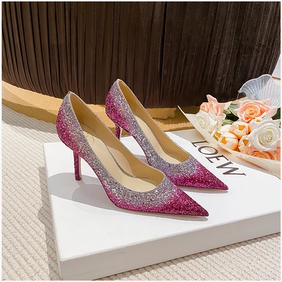 Sparkly Ocean Blue Sequins Evening Party Pumps 2023 Leather 8 cm Stiletto Heels Pointed Toe Pumps High Heels