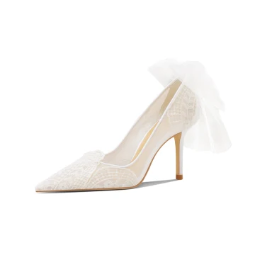 Elegant White Lace Flower Bow Wedding Shoes 2023 Leather 8 Cm Stiletto Heels Pointed Toe Wedding Pumps High Heels