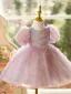 Chic / Beautiful Blushing Pink Birthday Ruffle Short Flower Girl Dresses 2024 Ball Gown Scoop Neck Puffy Short Sleeve