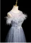 Chic / Beautiful Sky Blue Lace Flower Tassel Prom Dresses 2024 A-Line / Princess Scoop Neck Sleeveless Backless Floor-Length / Long Prom Formal Dresses