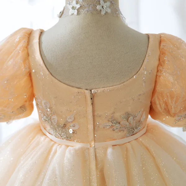 Mode Champagne Perlage Perle Paillettes En Dentelle Fleur Anniversaire Robe Ceremonie Fille 2022 Robe Boule U-Cou Gonflée Manches Courtes Ceinture Noeud Courte Dos Nu Robe Ceremonie Fille