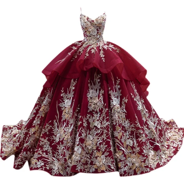 High-end Vintage / Retro Burgundy Sequins Lace Flower Prom Dresses 2022 Ball Gown Cascading Ruffles Spaghetti Straps Sleeveless Backless Chapel Train Prom