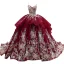 High-end Vintage / Retro Burgundy Sequins Lace Flower Prom Dresses 2022 Ball Gown Cascading Ruffles Spaghetti Straps Sleeveless Backless Chapel Train Prom