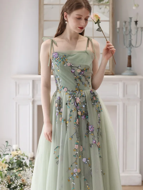 Chic / Beautiful Sage Green Beading Lace Flower Prom Dresses 2024 A-Line / Princess Spaghetti Straps Sleeveless Backless Floor-Length / Long Prom Formal Dresses
