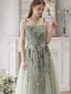 Chic / Beautiful Sage Green Beading Lace Flower Prom Dresses 2024 A-Line / Princess Spaghetti Straps Sleeveless Backless Floor-Length / Long Prom Formal Dresses