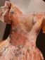 Chic / Beautiful Orange Sequins Prom Dresses 2024 Ball Gown Off-The-Shoulder Short Sleeve Backless Floor-Length / Long Prom Formal Dresses