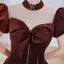 Fashion Burgundy Bow Satin Rhinestone Evening Dresses 2022 A-Line / Princess High Neck Puffy Short Sleeve Floor-Length / Long Evening Party Formal Dresses