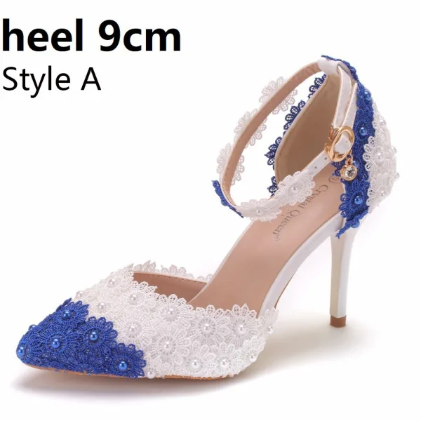 Elegant Two Tone White Pearl Lace Flower Prom Womens Sandals 9 cm Stiletto Heels Pointed Toe High Heels
