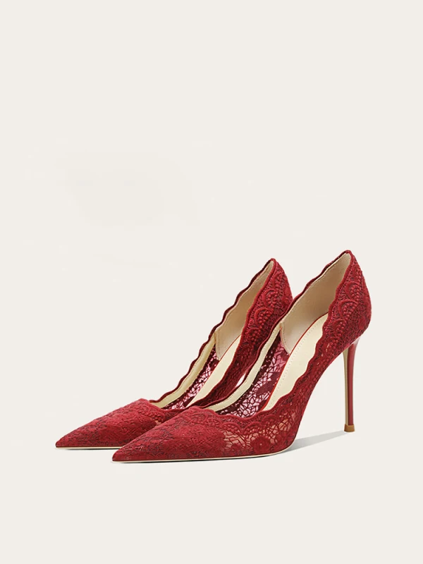 Chic / Beautiful Burgundy Lace Flower Wedding Shoes 2024 Leather 10 cm Stiletto Heels Pointed Toe Wedding Pumps High Heels