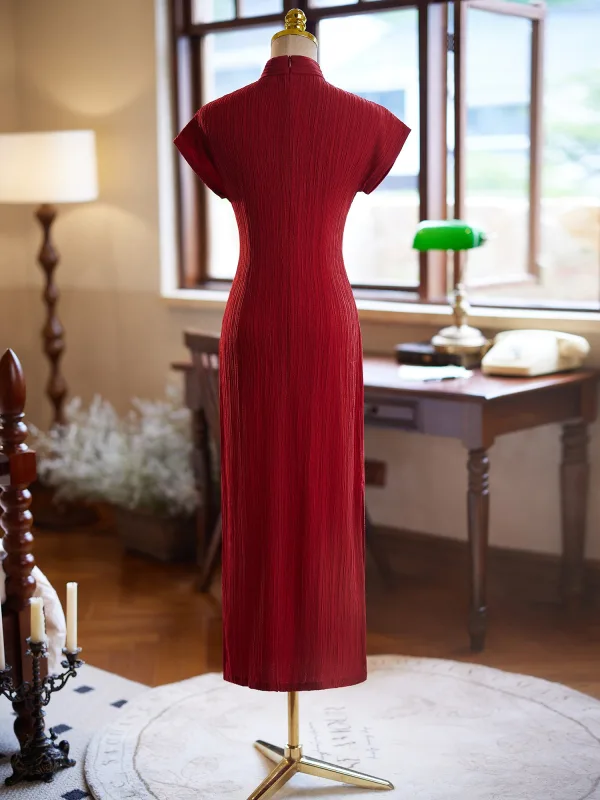 Vintage Chiński Styl Czerwone Lato Długość Herbaty Cheongsam 2024 Syrena / Rozkloszowane Wysokiej Szyi Kótkie Rękawy