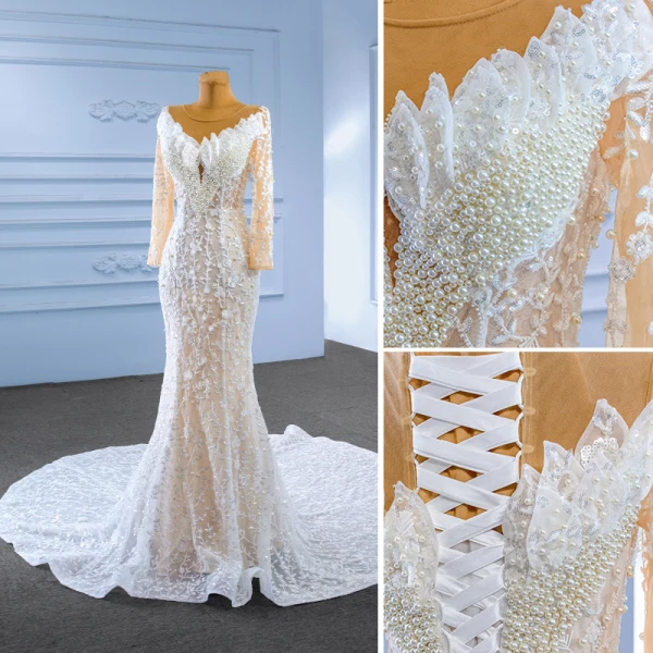 High-end White Pearl Sequins Beading Wedding Dresses 2023 Trumpet / Mermaid Scoop Neck Long Sleeve Chapel Train Wedding
