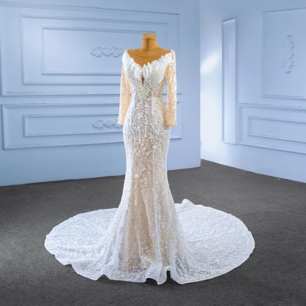 High-end White Pearl Sequins Beading Wedding Dresses 2023 Trumpet / Mermaid Scoop Neck Long Sleeve Chapel Train Wedding