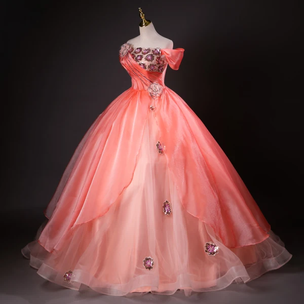 Elegant Watermelon Beading Appliques Sequins Prom Dresses 2024 Ball Gown Off-The-Shoulder Sleeveless Backless Floor-Length / Long Prom Formal Dresses