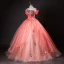 Elegant Watermelon Beading Appliques Sequins Prom Dresses 2024 Ball Gown Off-The-Shoulder Sleeveless Backless Floor-Length / Long Prom Formal Dresses