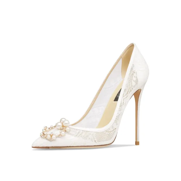 Charming Nude Pearl Rhinestone Lace Wedding Shoes 2024 10 cm Stiletto Heels Pointed Toe Wedding Pumps High Heels
