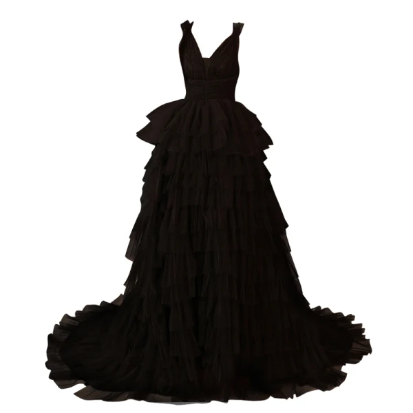 Sexy Black Cascading Ruffles Prom Dresses 2022 A-Line / Princess V-Neck Sleeveless Backless Floor-Length / Long Prom Formal Dresses