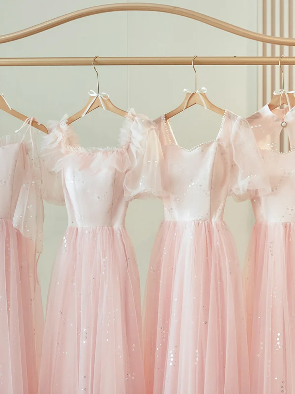 Simple Rougissant Rose Paillettes Robe Demoiselle D'honneur 2024 Princesse Manches Courtes Dos Nu Longue