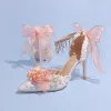 Lovely White Appliques Bow Wedding Shoes 2023 Pearl Rhinestone Ankle Strap 9 cm Stiletto Heels Pointed Toe Wedding Sandals High Heels