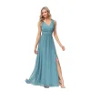 Modest / Simple Pool Blue Split Front Bridesmaid Dresses 2023 A-Line / Princess Chiffon V-Neck Sleeveless Backless Floor-Length / Long Bridesmaid Dresses