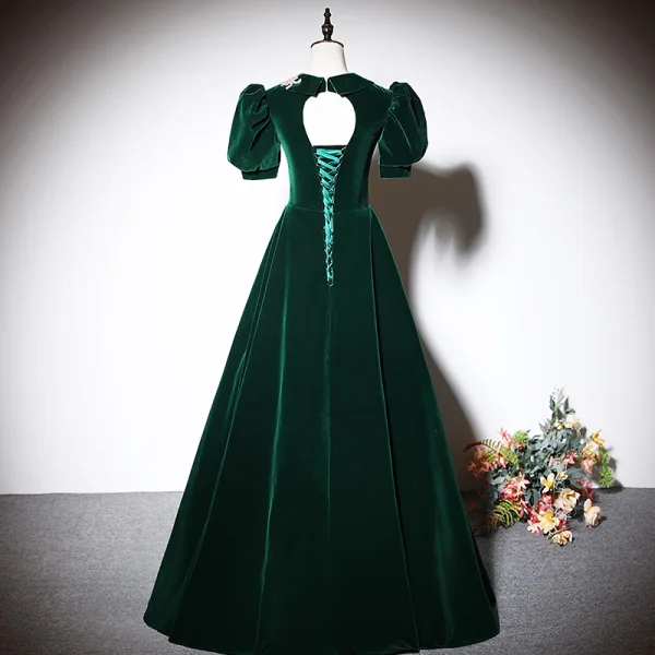 Elegant Dark Green Beading Sequins Suede Prom Dresses 2023 V-Neck A-Line / Princess Short Sleeve Backless Floor-Length / Long Prom Formal Dresses