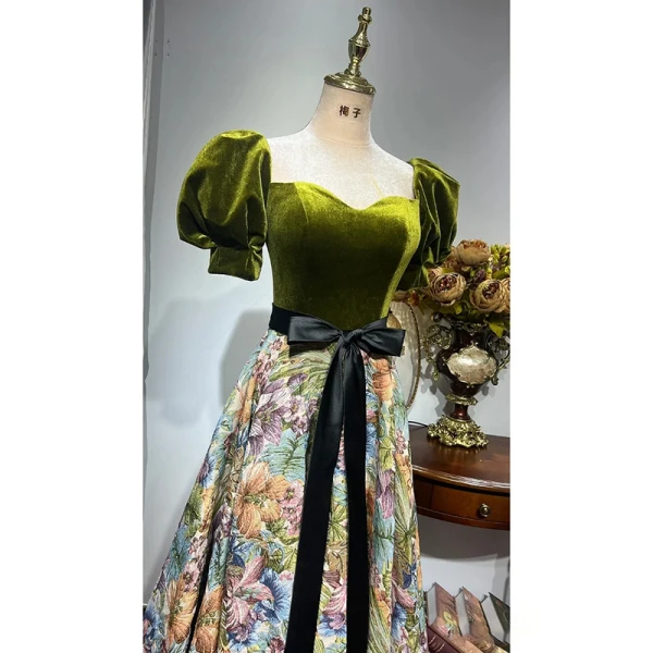 Elegant Clover Green Satin Printing Prom Dresses 2022 A-Line / Princess Square Neckline Puffy Short Sleeve Backless Pearl Sash Bow Floor-Length / Long Formal Dresses