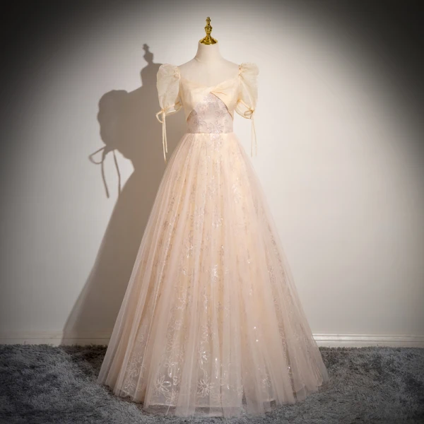 Élégant Champagne Paillettes Robe De Bal 2024 Robe Boule Encolure Carrée Manches Courtes Dos Nu Longue Promo Robe De Ceremonie
