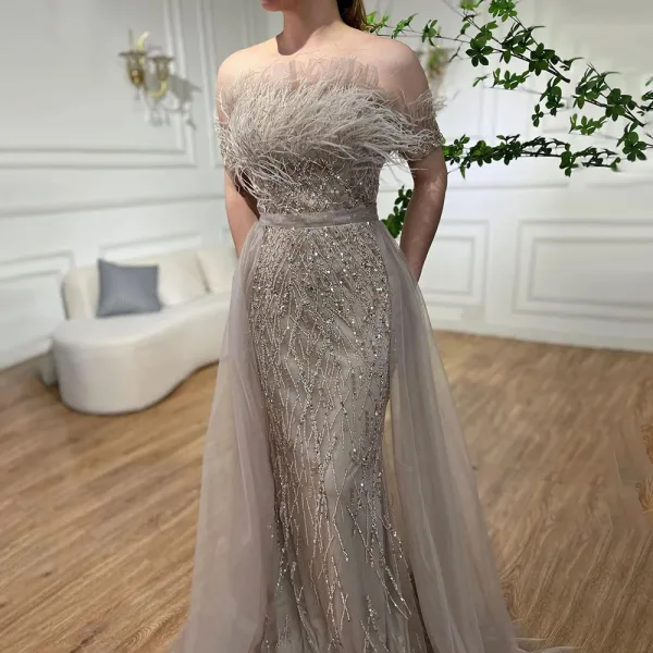High End Meeresblau Handgefertigt Perlenstickerei Pailletten Gespaltete Front Ballkleider 2024 Meerjungfrau Bandeau Kurze Ärmel Rückenfreies Lange Ball Festliche Kleider