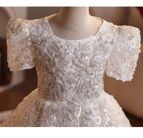 Sparkly Charming White Beading Pearl Sequins Birthday Flower Girl Dresses 2025 Ball Gown Square Neckline Short Sleeve Floor-Length / Long Tulle
