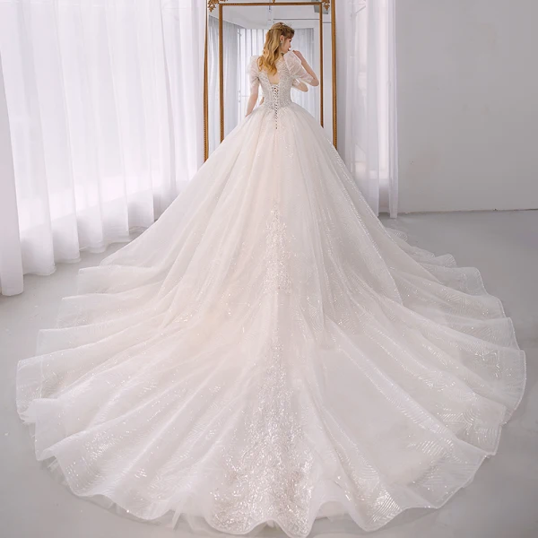 Fabulous White Beading Sequins Pearl Wedding Dresses 2022 Ball Gown High Neck Puffy Short Sleeve Backless Royal Train Wedding