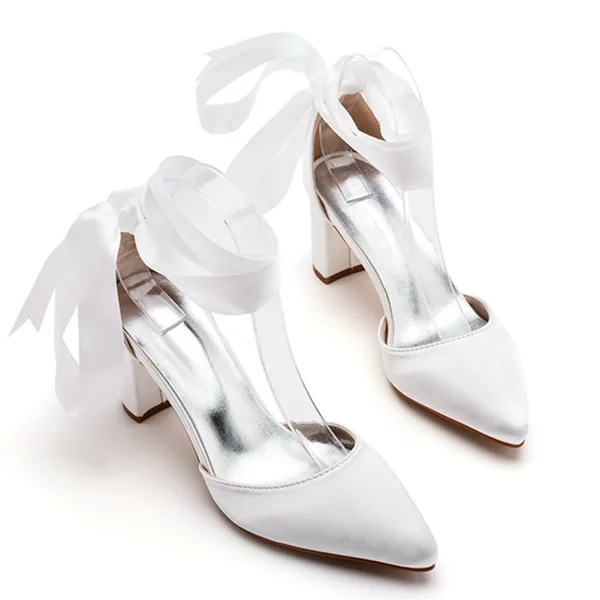 Fashion Ivory 7 cm Thick Heels Pointed Toe Wedding Shoes 2024 Ankle Strap Wedding Sandals High Heels