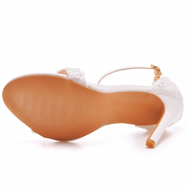 Sexy White Lace Flower Wedding Shoes 2023 Ankle Strap 11 cm Stiletto Heels Open / Peep Toe Wedding Sandals High Heels