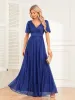 Modest / Simple Royal Blue Prom Dresses 2024 A-Line / Princess V-Neck Short Sleeve Backless Floor-Length / Long Prom Formal Dresses