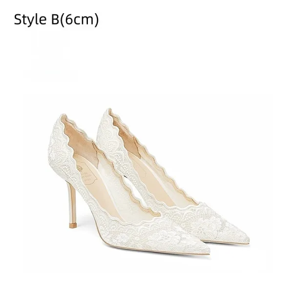 Elegant White Lace Flower Wedding Shoes 2026 Leather 8 cm Stiletto Heels Pointed Toe Wedding Pumps High Heels