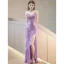 Sexy Lilas Perlage Faux Diamant Paillettes Gland Robe De Soirée 2023 Trompette / Sirène Bretelles Spaghetti Sans Manches Dos Nu Longue Soirée Fendue devant
