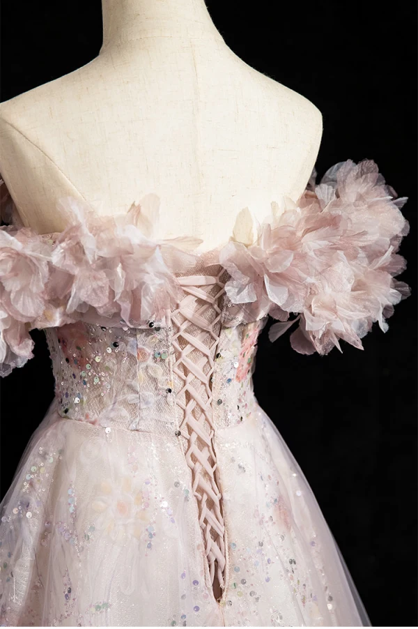 Élégant Rougissant Rose Appliques Paillettes Robe De Bal 2024 Princesse De l'épaule Manches Courtes Dos Nu Longue Promo Robe De Ceremonie