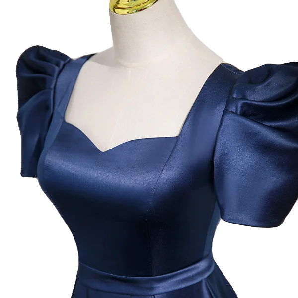 Vintage / Retro Ocean Blue Satin Prom Dresses 2023 A-Line / Princess Square Neckline Puffy Short Sleeve Backless Floor-Length / Long Prom Formal Dresses