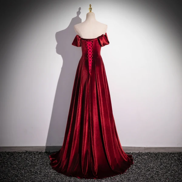 Modest / Simple Burgundy Velvet Prom Dresses 2024 A-Line / Princess Square Neckline Sleeveless Backless Floor-Length / Long Prom Formal Dresses